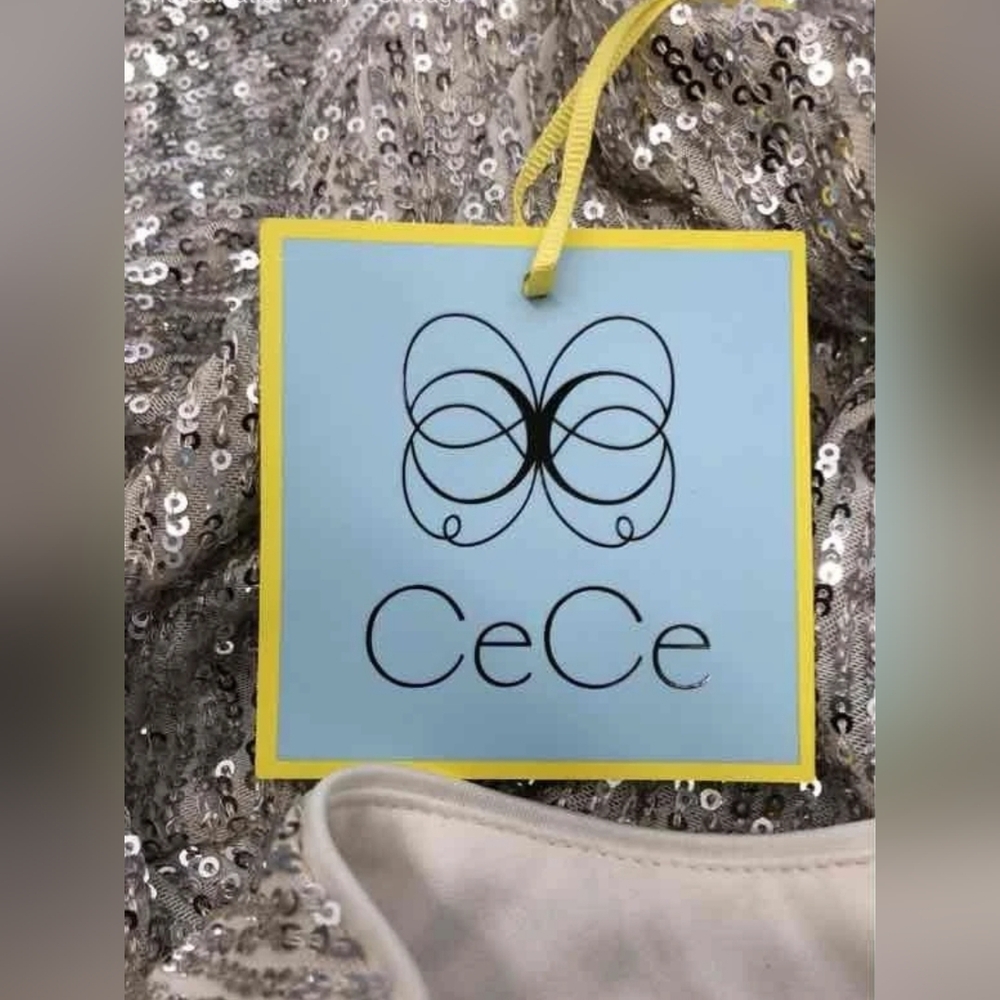 NEW Cece Designer Champagne Silver Sequin Long Sleeve Mock Neck Blouse Top M - Picture 5 of 6